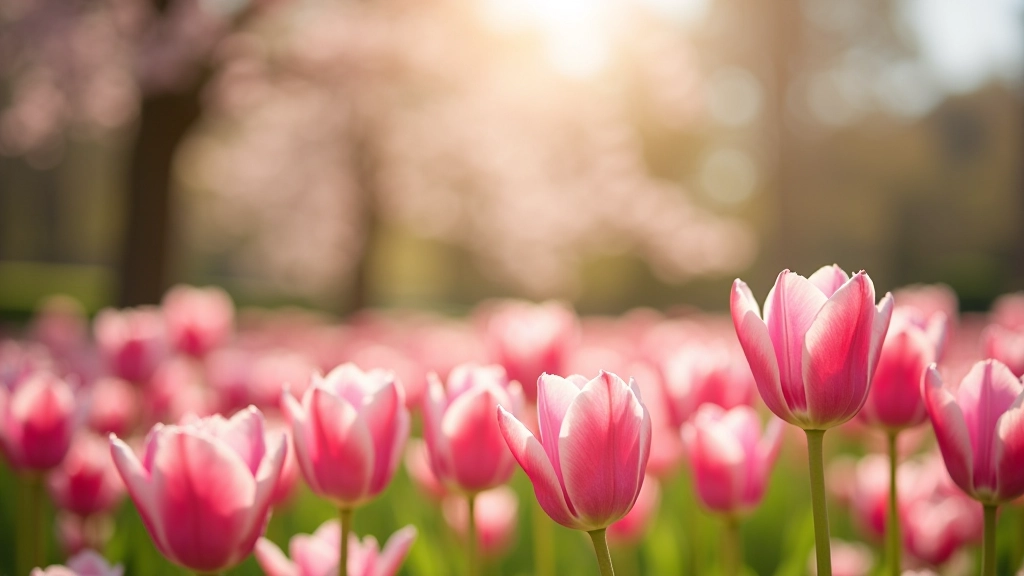 Pavasarī ziedošas krāsainas tulpes un magnolijas botāniskajā dārzā, saulaina diena